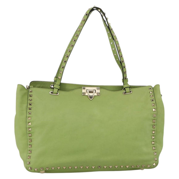 VALENTINO Rock Studs Tote Bag Leather Gold Light green Auth BA11057