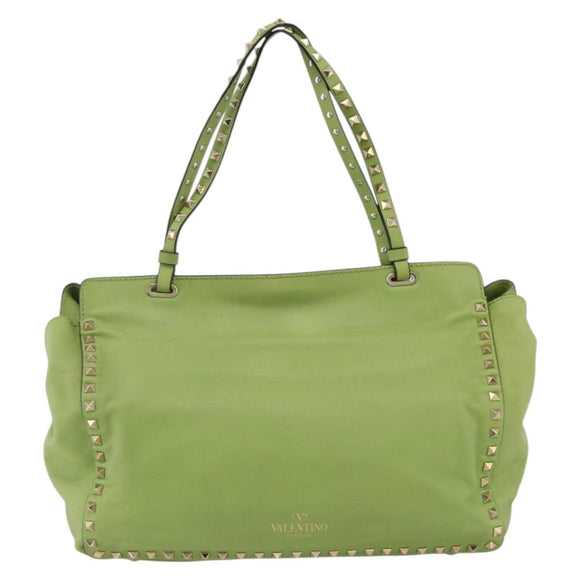 VALENTINO Rock Studs Tote Bag Leather Gold Light green Auth BA11057