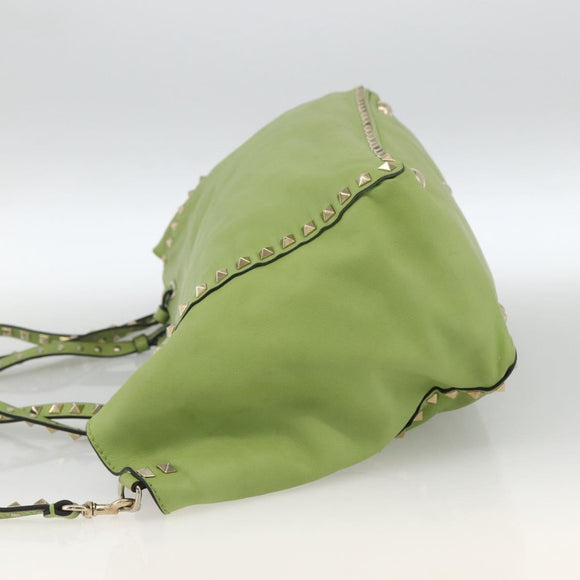 VALENTINO Rock Studs Tote Bag Leather Gold Light green Auth BA11057
