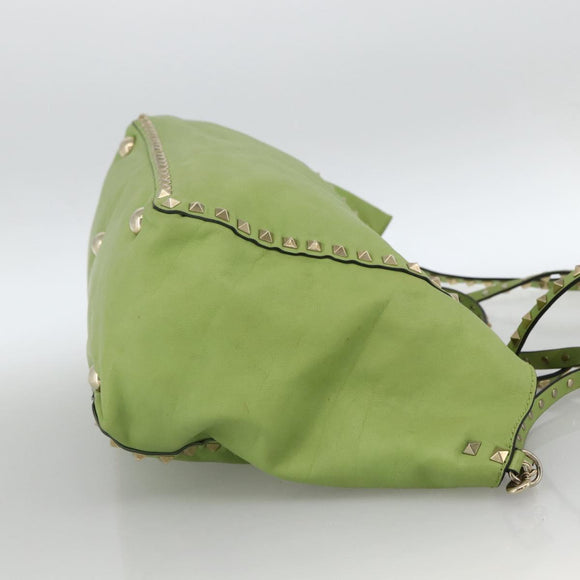 VALENTINO Rock Studs Tote Bag Leather Gold Light green Auth BA11057