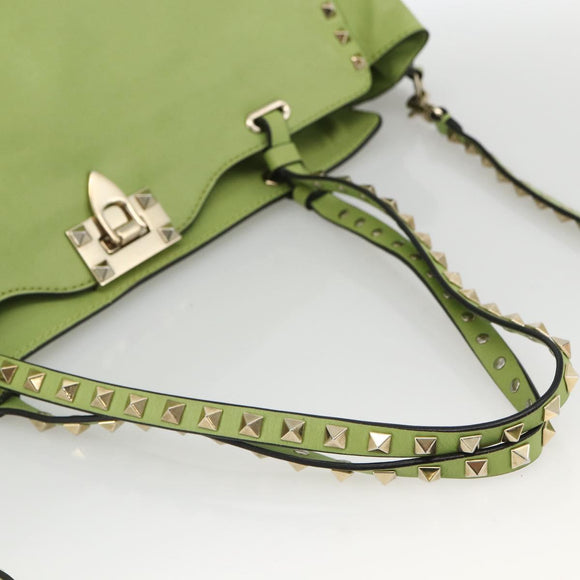 VALENTINO Rock Studs Tote Bag Leather Gold Light green Auth BA11057