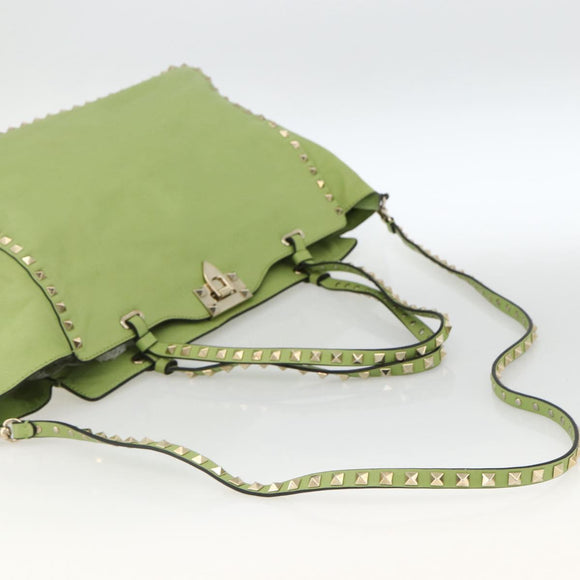 VALENTINO Rock Studs Tote Bag Leather Gold Light green Auth BA11057