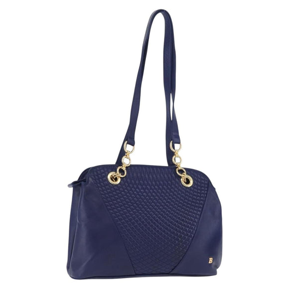 BALLY Quilted Chain Shoulder Bag Leather Blue Gold Auth BA11081