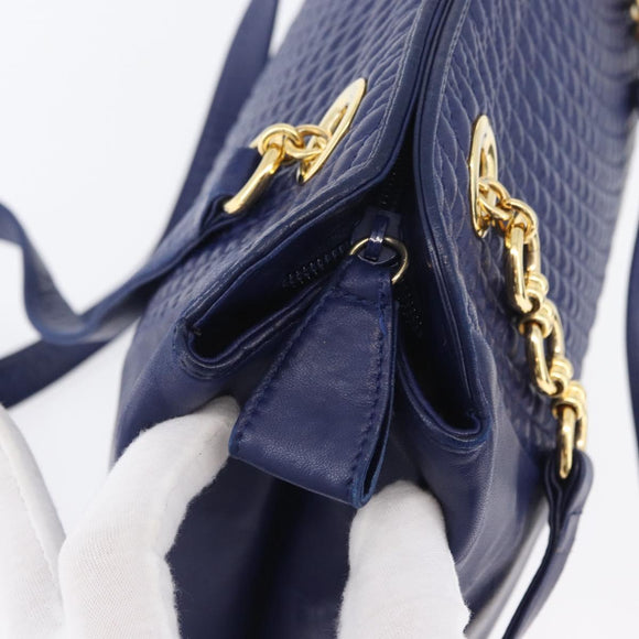 BALLY Quilted Chain Shoulder Bag Leather Blue Gold Auth BA11081