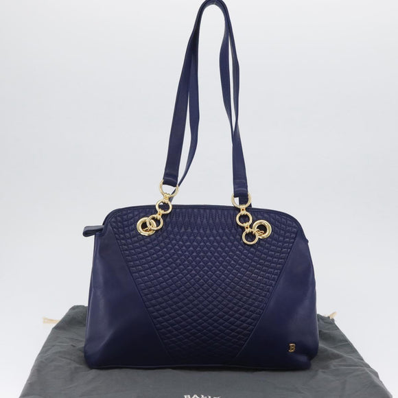 BALLY Quilted Chain Shoulder Bag Leather Blue Gold Auth BA11081