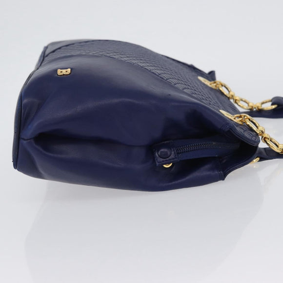 BALLY Quilted Chain Shoulder Bag Leather Blue Gold Auth BA11081