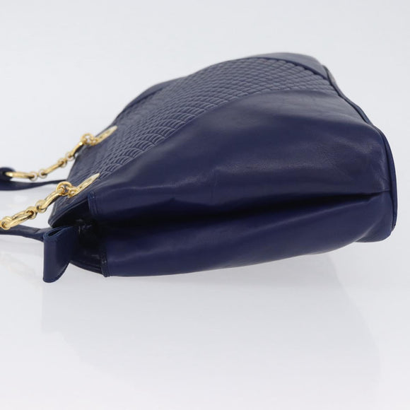 BALLY Quilted Chain Shoulder Bag Leather Blue Gold Auth BA11081