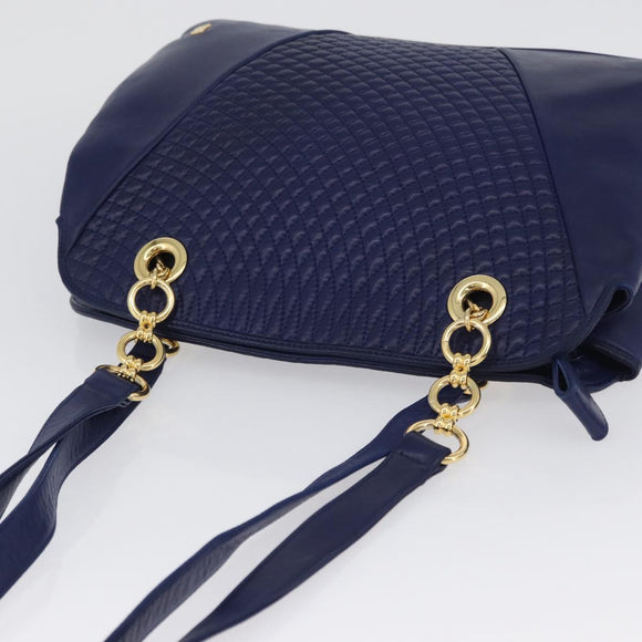 BALLY Quilted Chain Shoulder Bag Leather Blue Gold Auth BA11081