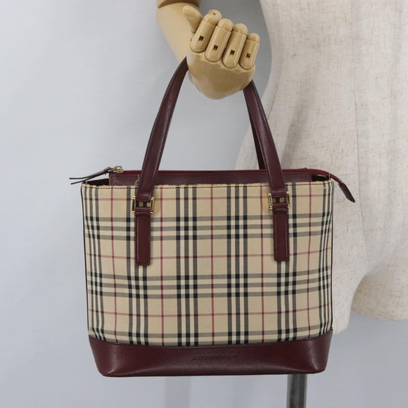 BURBERRY Nova Check Hand Bag Canvas Beige Red gold Auth BA11091