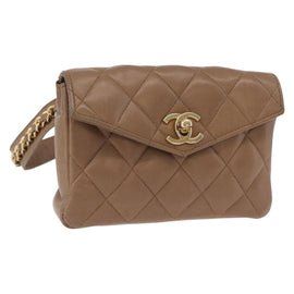 CHANEL Matelasse Chain Waist bag Lamb Skin Beige Gold CC Auth BA11110