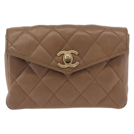 CHANEL Matelasse Chain Waist bag Lamb Skin Beige Gold CC Auth BA11110 - 0