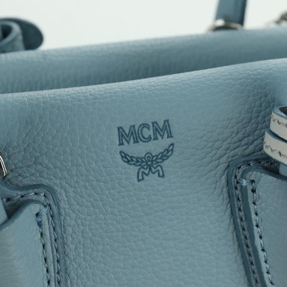 MCM Hand Bag Leather 2way Light Blue Silver Auth BA11118V