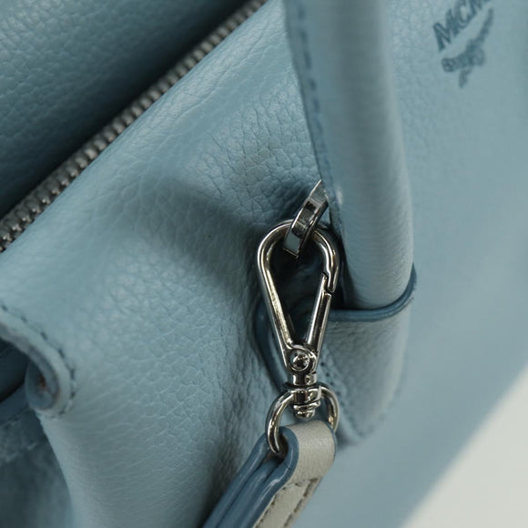 MCM Hand Bag Leather 2way Light Blue Silver Auth BA11118V