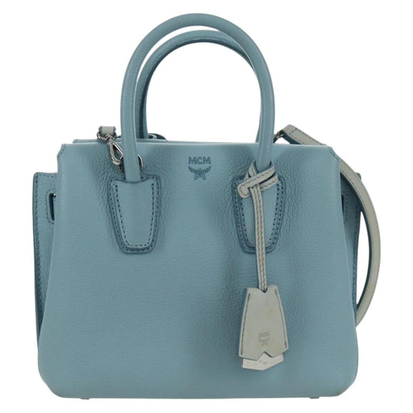 MCM Hand Bag Leather 2way Light Blue Silver Auth BA11118V