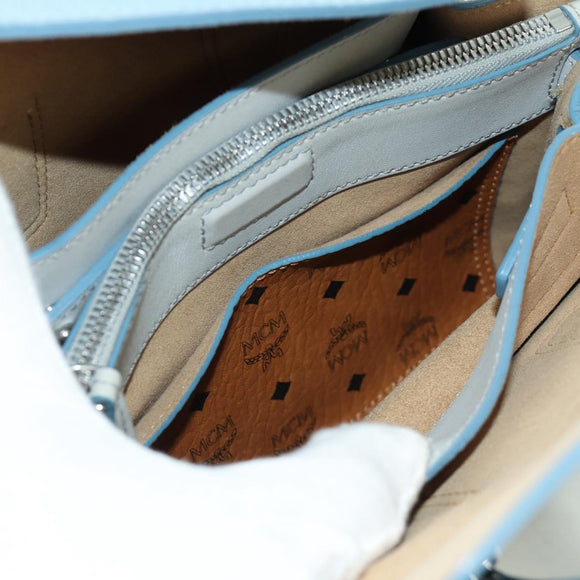 MCM Hand Bag Leather 2way Light Blue Silver Auth BA11118V