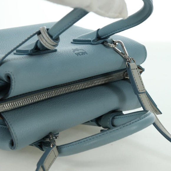 MCM Hand Bag Leather 2way Light Blue Silver Auth BA11118V