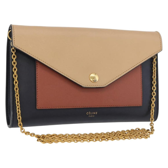 CELINE Trifold Wallet Chain Bag Leather Multicolor Gold Auth BA11127