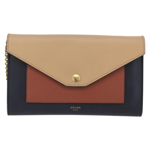 CELINE Trifold Wallet Chain Bag Leather Multicolor Gold Auth BA11127