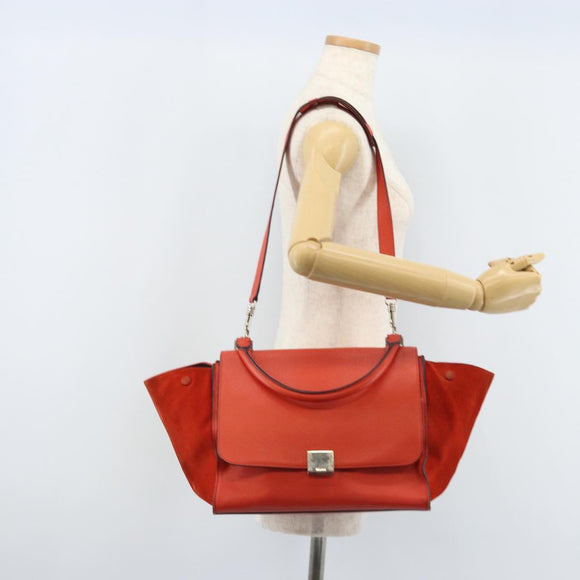 CELINE Trapeze Hand Bag Leather 2way Red Silver Auth BA11130