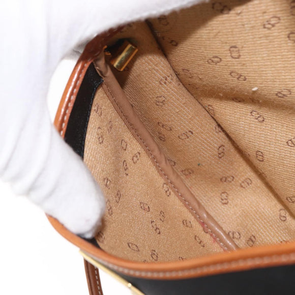 Christian Dior Shoulder Bag Coated Canvas Black Gold Auth BA11133