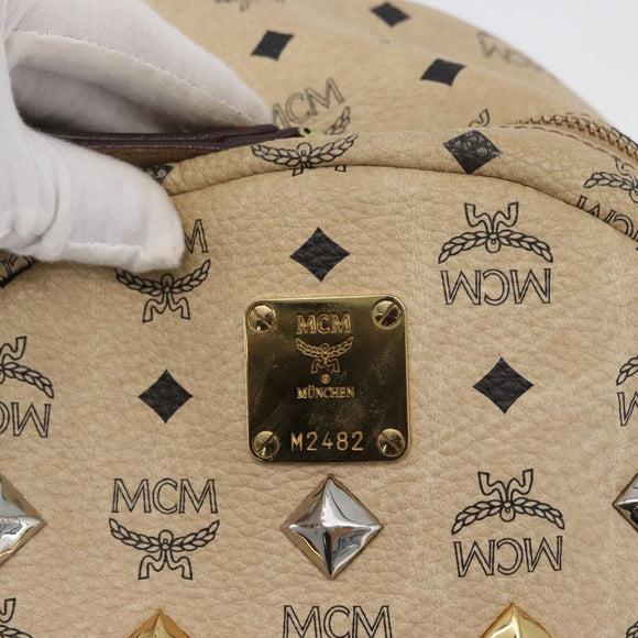 MCM Logogram Vicetos Backpack PVC Leather Beige Gold Silver Auth BA11136