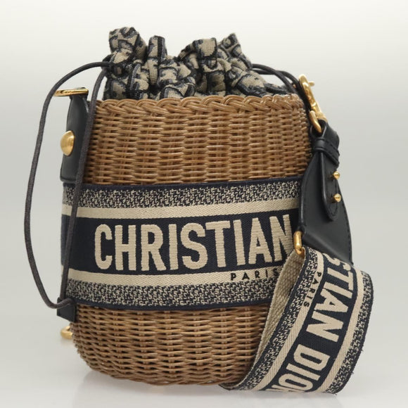 Christian Dior Oblique Wicker Shoulder Bag Rattan Navy Brown gold Auth BA1114AM