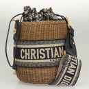 Christian Dior Oblique Wicker Shoulder Bag Rattan Navy Brown gold Auth BA1114SAM-21