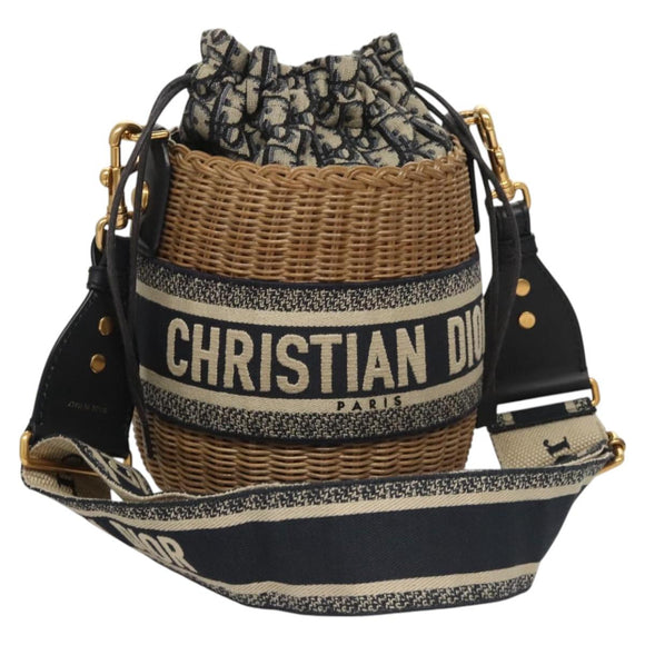 Christian Dior Oblique Wicker Shoulder Bag Rattan Navy Brown gold Auth BA1114SAM
