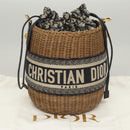 Christian Dior Oblique Wicker Shoulder Bag Rattan Navy Brown gold Auth BA1114AM-12