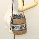 Christian Dior Oblique Wicker Shoulder Bag Rattan Navy Brown gold Auth BA1114AM-25