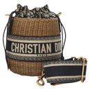 Christian Dior Oblique Wicker Shoulder Bag Rattan Navy Brown gold Auth BA1114SAM-13