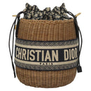 Christian Dior Oblique Wicker Shoulder Bag Rattan Navy Brown gold Auth BA1114SAM-14