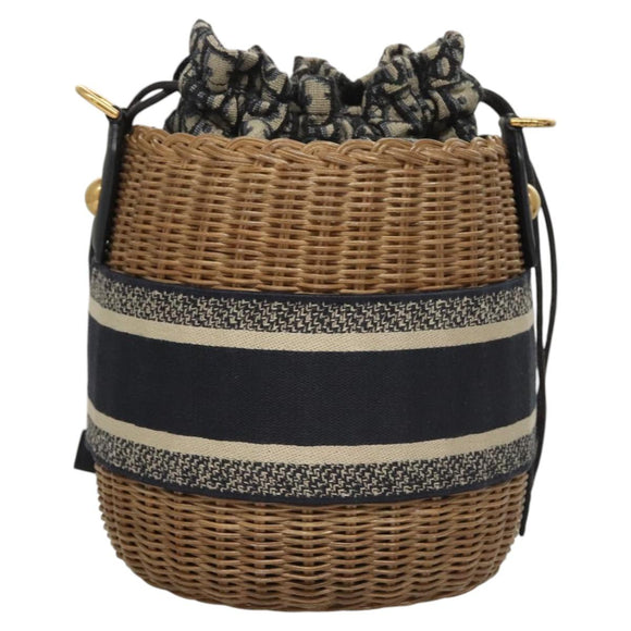 Christian Dior Oblique Wicker Shoulder Bag Rattan Navy Brown gold Auth BA1114AM