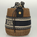 Christian Dior Oblique Wicker Shoulder Bag Rattan Navy Brown gold Auth BA1114AM-3