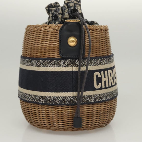 Christian Dior Oblique Wicker Shoulder Bag Rattan Navy Brown gold Auth BA1114SAM