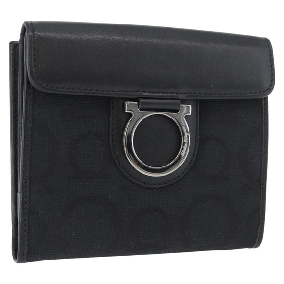 Salvatore Ferragamo Gancini Compact Wallet Nylon Leather Black Auth BA11154V