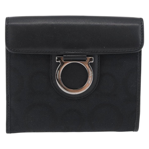 Salvatore Ferragamo Gancini Compact Wallet Nylon Leather Black Auth BA11154V