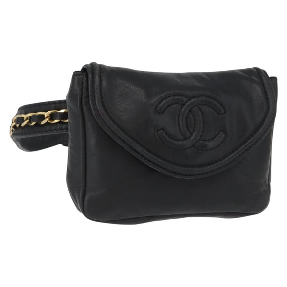 CHANEL COCO Mark Chain Waist Bag Lamb Skin Black Gold CC Auth BA11165
