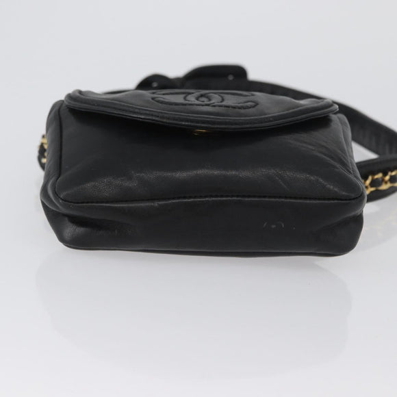 CHANEL COCO Mark Chain Waist Bag Lamb Skin Black Gold CC Auth BA11165
