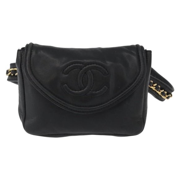 CHANEL COCO Mark Chain Waist Bag Lamb Skin Black Gold CC Auth BA11165