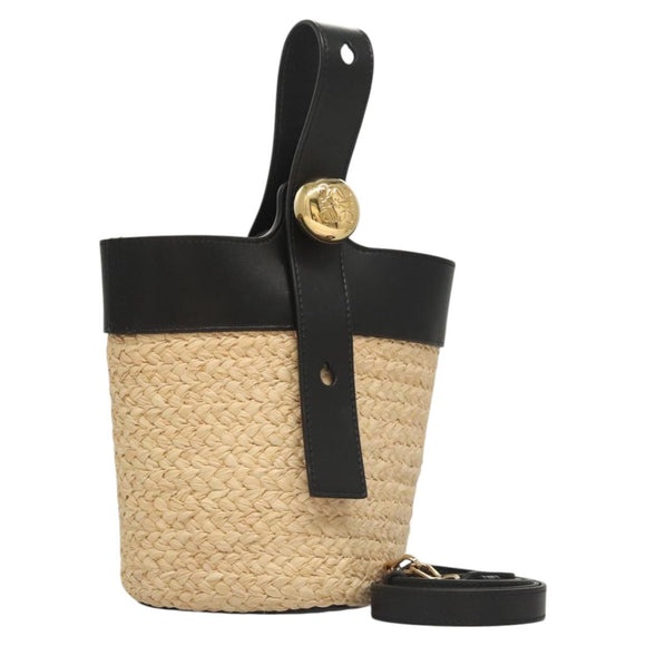 LOEWE Hand Bag Straw Leather 2way Beige Black Auth BA1116SM