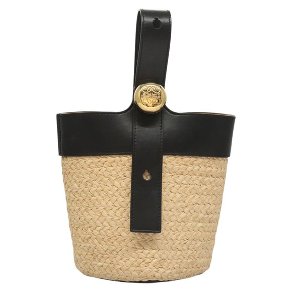 LOEWE Hand Bag Straw Leather 2way Beige Black Auth BA1116SM