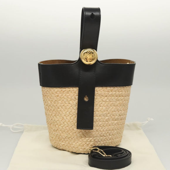 LOEWE Hand Bag Straw Leather 2way Beige Black Auth BA1116SM