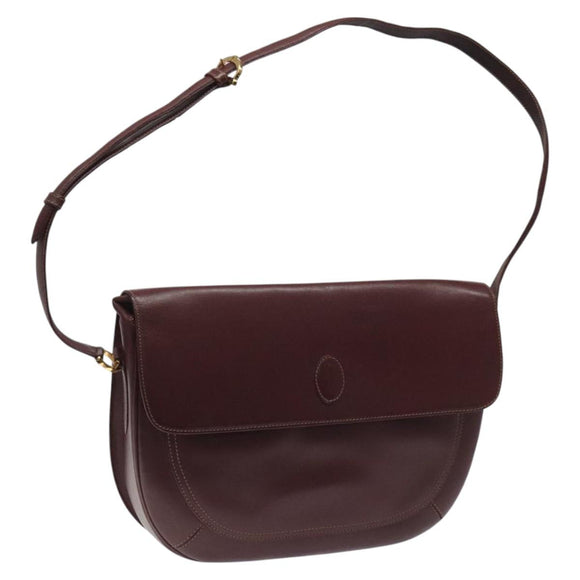 CARTIER Must Line Shoulder Bag Leather Wine Red Gold Auth BA112