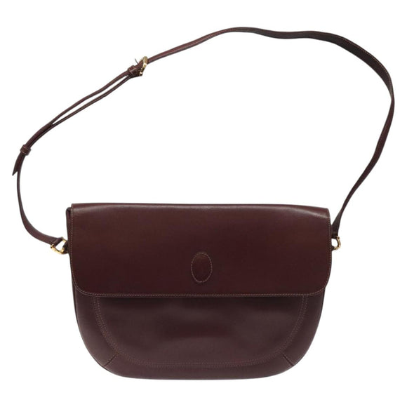 CARTIER Must Line Shoulder Bag Leather Wine Red Gold Auth BA112