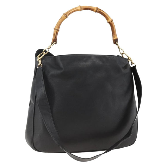 GUCCI Bamboo Shoulder Bag Leather 2way Black Gold 001 200182 1577 Auth BA11211