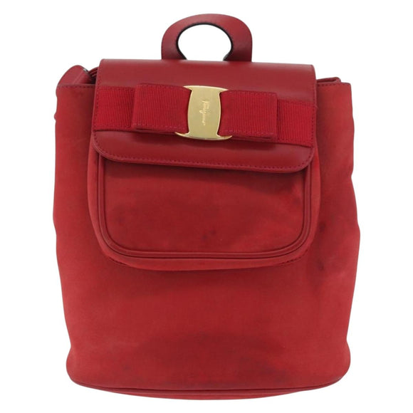 Salvatore Ferragamo Vala Rugzak Suede Rood Goud Authentiek BA11218