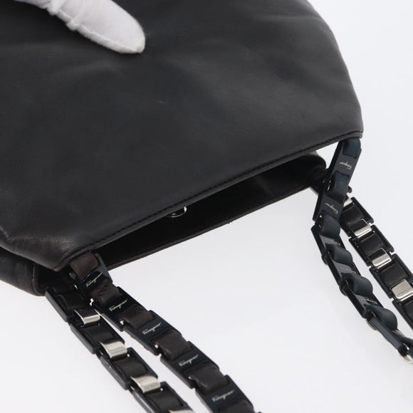 Salvatore Ferragamo Vala Chain Shoulder Bag Leather Black Silver Auth BA11227