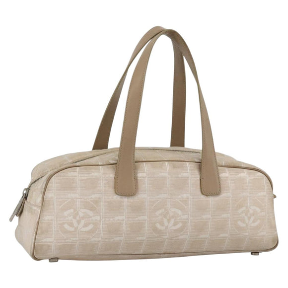 CHANEL New Travel Line Hand Bag Nylon Beige Gold CC Auth BA11253