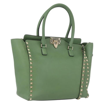 VALENTINO Rock Studs Hand Bag Leather 2way Green Gold Auth BA11265
